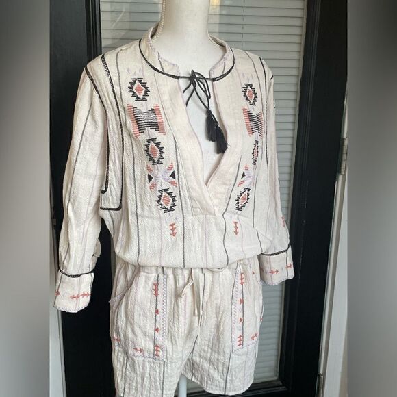 Free People Baja Boho Aztec Embroidered Crean V Neck Romper Size S/P - Picture 6 of 13